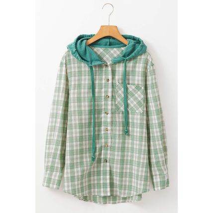 Green Checkered Print Loose Fit Buttoned Hooded Shacket