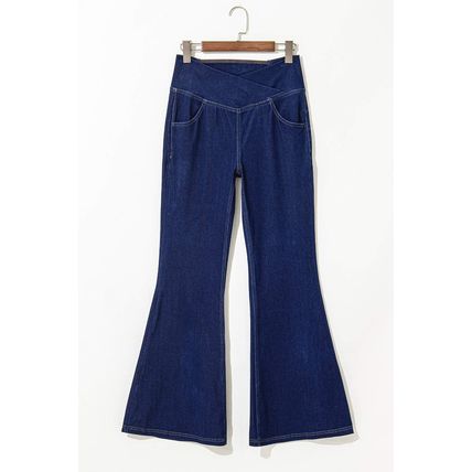 Dusk Blue Solid Crossed Waist High Elastic Fit Flare Knit Jeans
