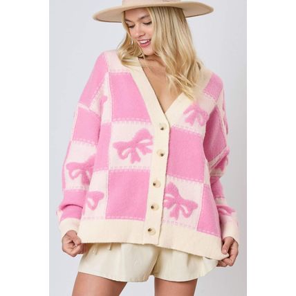 Pink Bowknot Checkered Pattern V Neck Drop Shoulder Button Up Cardigan