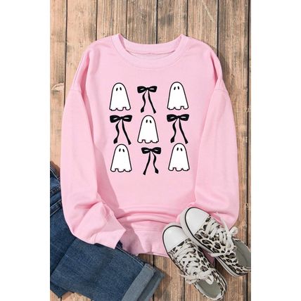 Pink Ghost Bowknot Printed Drop Shoulder Halloween Sweatshirt