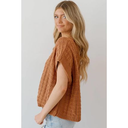 Camel Round Neck Textured Knit Sweater Vest