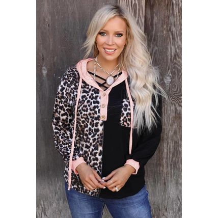 Black Leopard Patchwork Buttoned Hooded Sweatshirt
