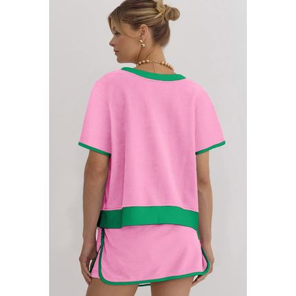 Bonbon Colorblock Edge Drop Shoulder T Shirt and Skort 2Pcs Set