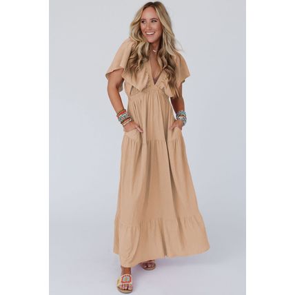 Parchment Textured V Neck Flutter Sleeve Ruffled Maxi Dress