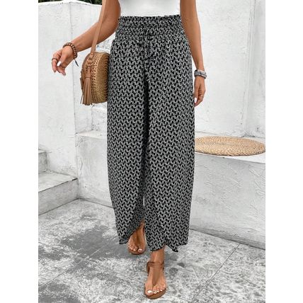 Black Bohemian Print Slit Wide Leg Smocked High Waist Pants