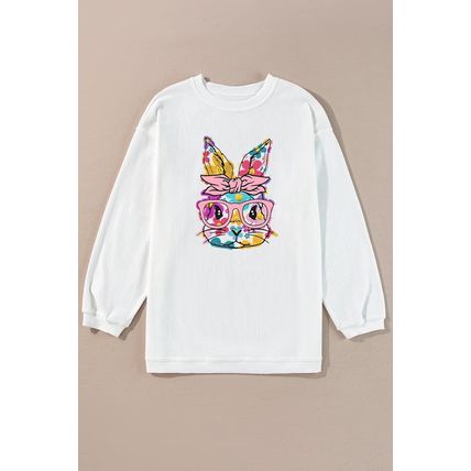 White Floral Rabbit with Glasses Graphic Corded Easter Sweatshirt