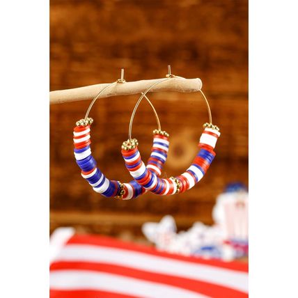 Dark Blue American Flag Inspired Beaded Large Hoop Earrings