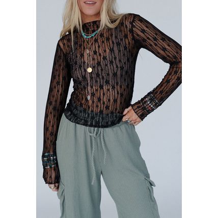 Black Sheer Floral Lace Long Sleeve Slim Fit Top