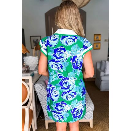 Bright Green Contrast Floral Print Collared V Neckline Ruffled Cap Sleeve Shift