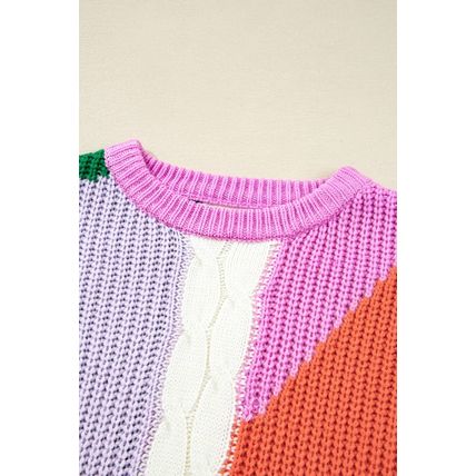 Desert Gold Color Block Textured Knit Drop Shoulder Loose Fit Sweater