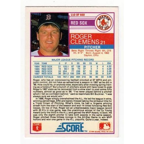 1988 Score Roger Clemens baseball card #110 – Red Sox