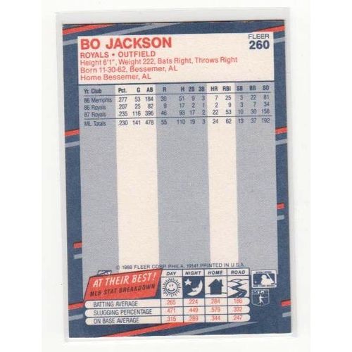 1988 Fleer baseball Bo Jackson card 260- NM - Royals