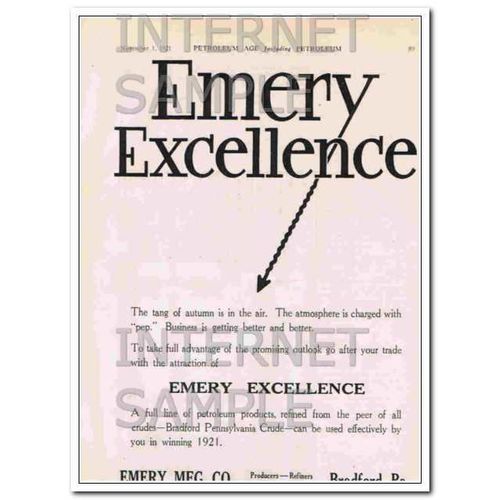 EMERY MANUFACTURING COMPANY 1921 Excellence petroleum vintage ad