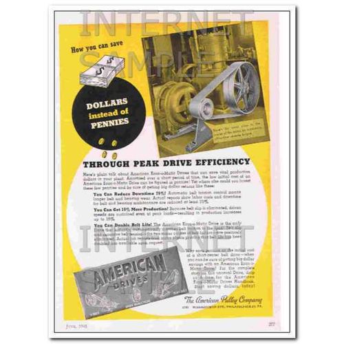 AMERICAN PULLEY COMPANY 1948 Peak drive efficiency vintage ad