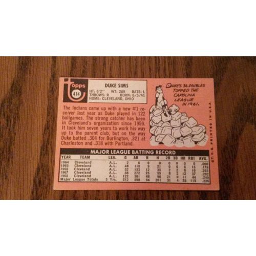 1969 Topps Card # 414 Duke Sims Very Good-Excellent (4) Cleveland Indians