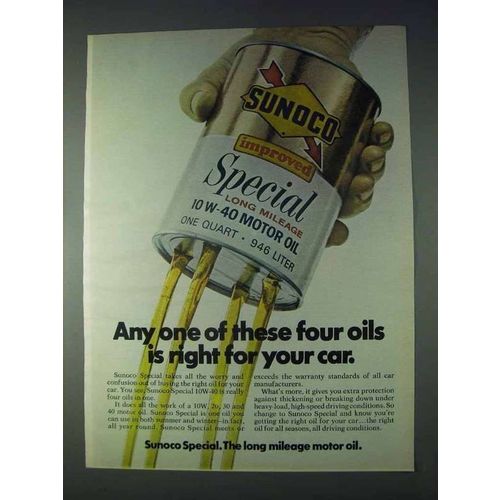 1972 Sunoco Special 10W-40 Motor Oil Ad - Right for Car