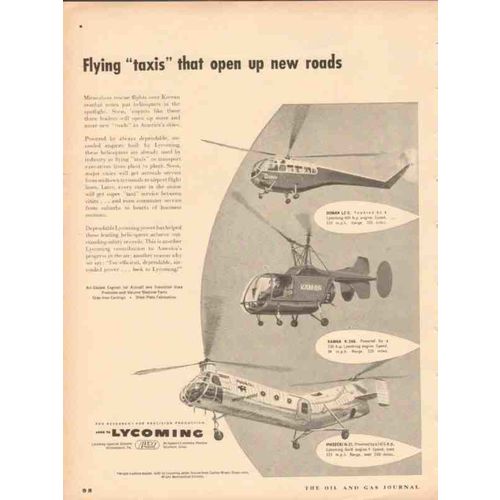LYCOMING 1953 flying taxi open new roads helicopters rescue vintage ad