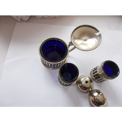 CONDIMENT SET WITH BLUE GLASS LINER / CHURCH STYLE