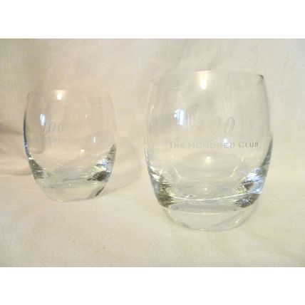 RARE PAIR OF 2 100 THE HUNDRED CLUB ETCHED ROUNDED WHISKEY GLASS TUMBLER