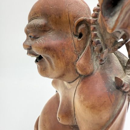 Antique Fine Hand Carved Laughing Buddha Chinese Figurine Folk Art 9.5” Solid