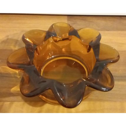 Vintage Amber Bowl Cigarette Ashtray 1970s Flower Shaped Retro Design Art Glass