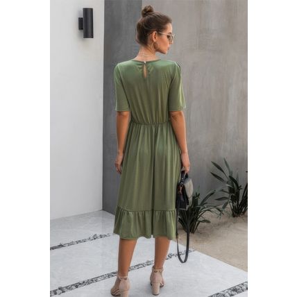 Women's Round Neck Lace Detail Ruffle Hem Midi Dress