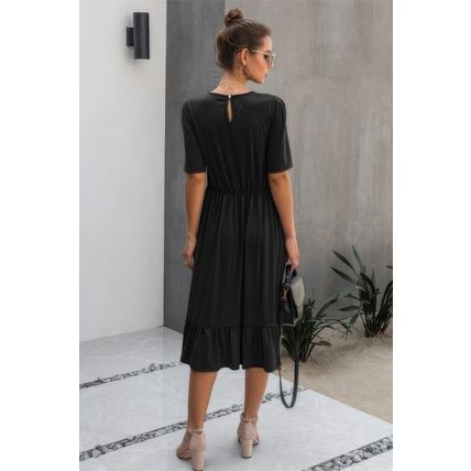 Women's Round Neck Lace Detail Ruffle Hem Midi Dress