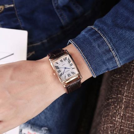 Gents Square Rectangle Tank Face Rose Gold Case Brown Leather Strap Watch