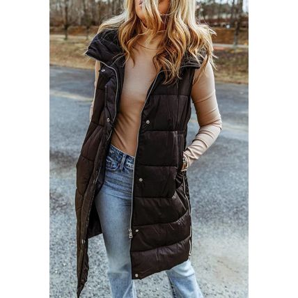 Black Hooded Long Quilted Vest Coat