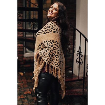 Leopard Plus Size Tasseled Hem Draped Poncho