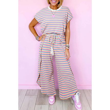 Pink Stripe Rainbow Tee Tasseled String Wide Leg Pants Set