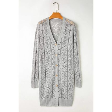 Gray Hollow Out Buttons Front Long Cardigan