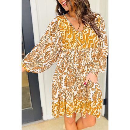 Orange Bohemian Print Puff Sleeve Tied V Neck Flared Mini Dress