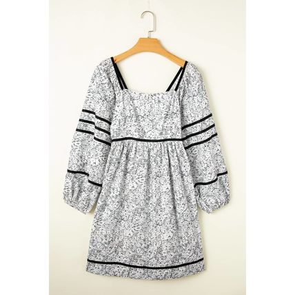 Gray Floral Print Open Back Balloon Sleeve Square Neck Mini Dress