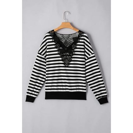 Black Stripe Crochet Hollow-out Back Buttoned Shoulder V Neck Top