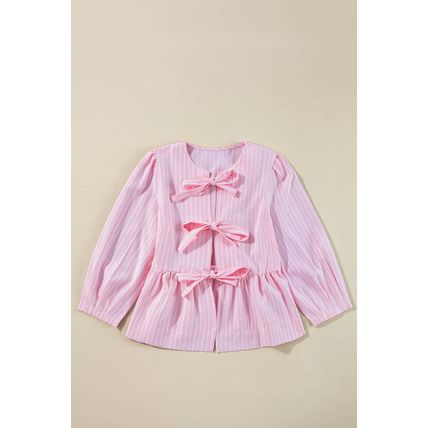 Pink Stripe Bowknot Front Crew Neck Puff Sleeve Blouse