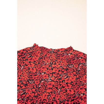 Fiery Red Rose Floral Print Ruffle Sleeve Plus Size Shift Top