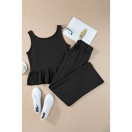 Black Solid Color Ribbed Ruffle Tank Top and Pants Set