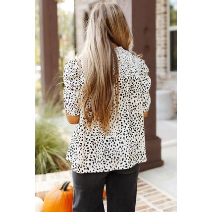 Leopard Smocking Detail Bubble Sleeve Blouse
