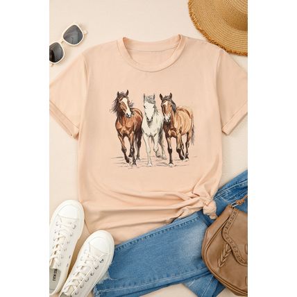 Khaki Gallant Horses Printed Casual T Shirt