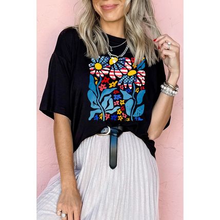 Black USA Flag Flower Graphic Drop Shoulder T Shirt