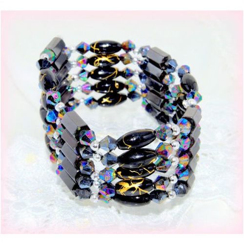 AnySize Black Bracelet Bangle MultiStone Magnetic Adjustment Jewellery 604