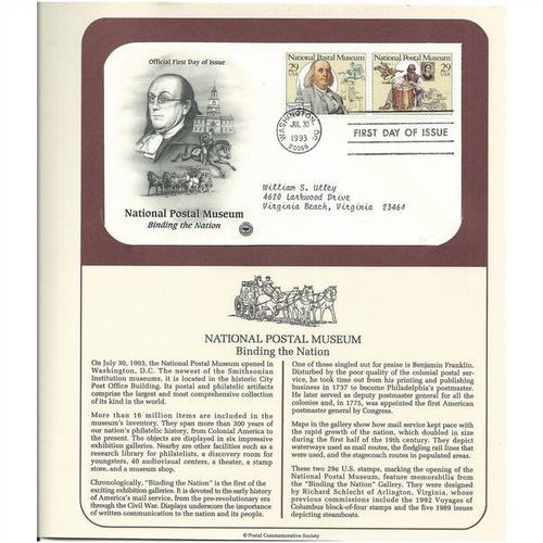 NATIONAL POSTAL MUSEUM . Binding Nation ' OFFICIAL FIRST DAY of ISSUE ' (1993)