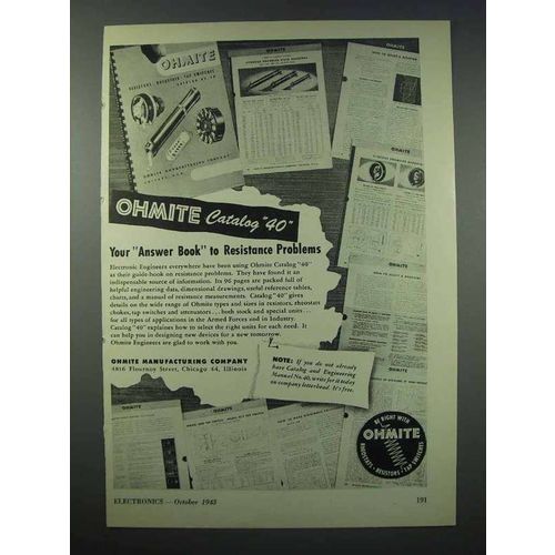 1943 Ohmite Resistors Ad - Answer Book to Problems