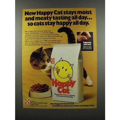 1983 Purina Happy Cat Food Ad - Stays Moist and Meaty