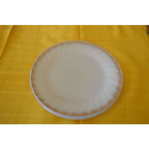 Vintage - Fire King Milk Glass Swirl Dinner Plate Gold Rim 9"