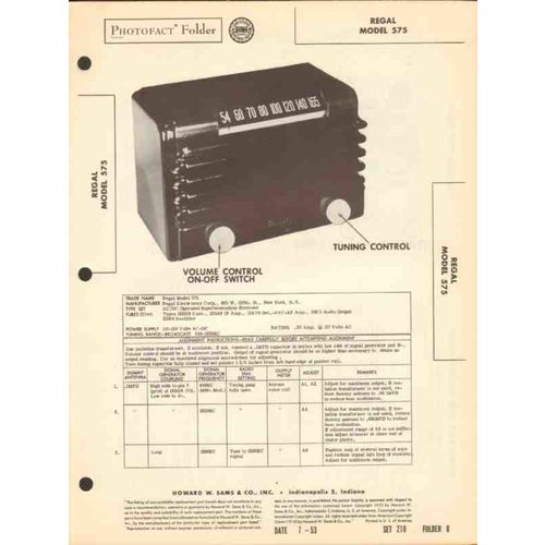 REGAL model 575 5 tube AM radio receiver Sams Photofact manual