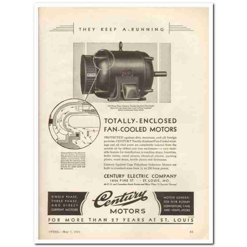 CENTURY ELECTRIC COMPANY 1931 enclosed fan-cooled motor vintage ad