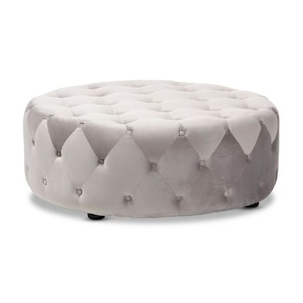 Royal Blue / Slate Gray Velvet Round Tufted Cocktail Ottoman Coffee Table 38.5"