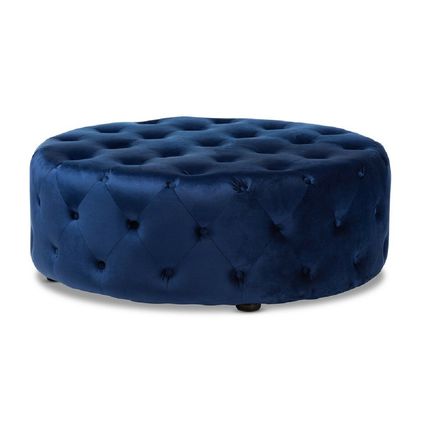 Royal Blue / Slate Gray Velvet Round Tufted Cocktail Ottoman Coffee Table 38.5"